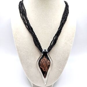 VINTAGE Black Seed Bead Italian Glass Pendant Necklace